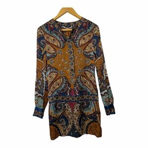 Guess by Marciano 100% Silk Dress S Paisley Drop-Waist Blouson Mini Boho Y2K